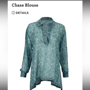 CAbi Chase Blouse #3761 Blue Green Long Sleeve Sheer Blouse Notched‎ Collar Sz L